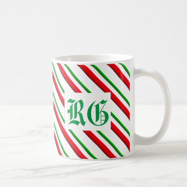 Candy Cane Stripes, Monogram Red & Green  Coffee Mug (Right)