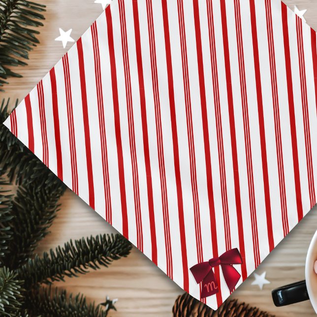 Candy Cane Stripes Monogram Red White Dog Bandana (A red and white candy cane stripe with a red bow for your pup's initial. Christmassy!)