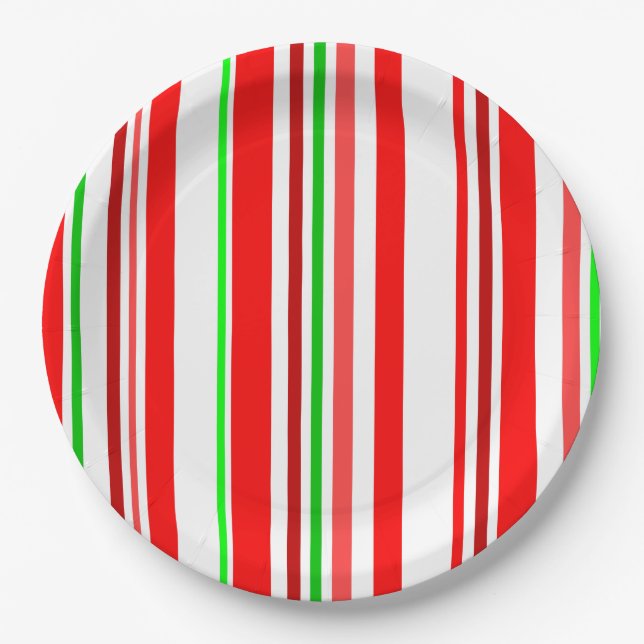 Candy Cane Stripes Red White Green Festive Paper Plates (Front)
