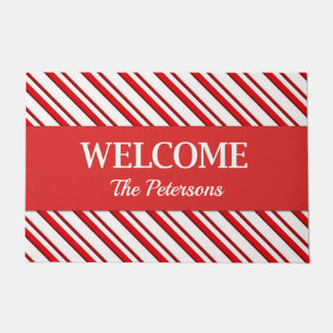 Candy Cane Stripes with Personalized Text Doormat