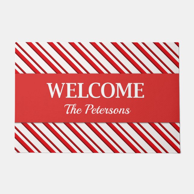 Candy Cane Stripes with Personalized Text  Doormat (Front)