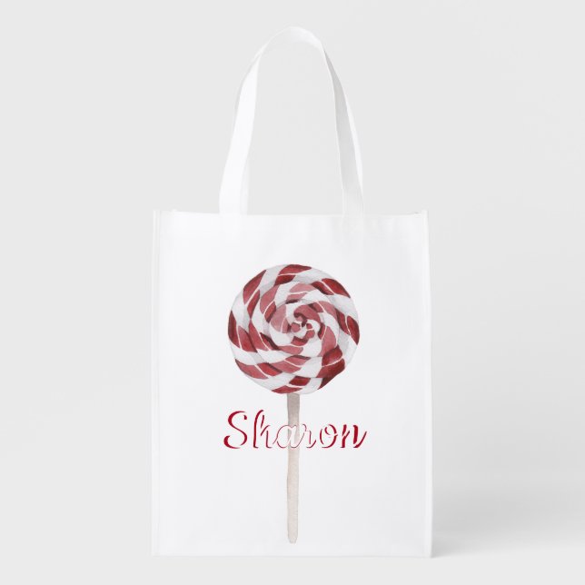 Candy Cane Swirl Peppermint Lollipop with Name Grocery Bag (Front)