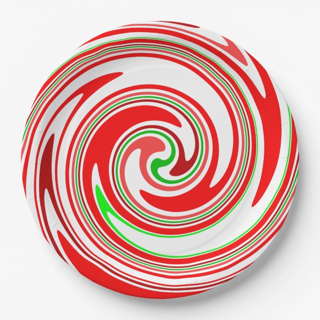 Candy Cane Swirl Red White Green Festive Paper Plates (Front)