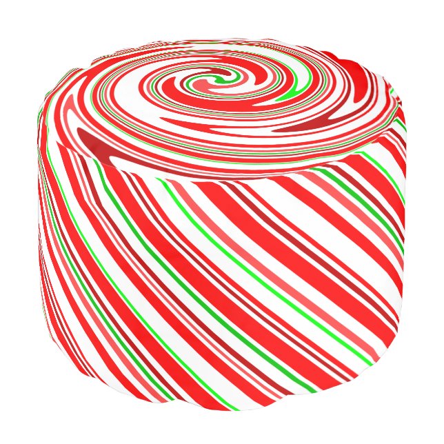 Candy Cane Swirl Red White Green Striped Pattern Pouf (Angled Front)