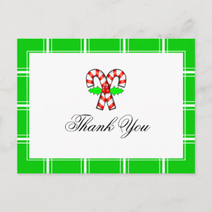 Candy Cane Thank You Green Christmas Postcard