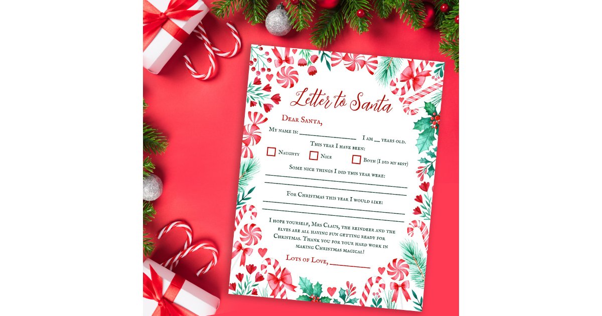 Candy Cane Watercolor Kids Letter to Santa | Zazzle