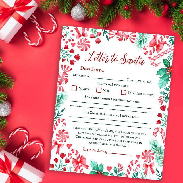 Candy Cane Watercolor Kids Letter to Santa  (Watercolor Kids Letter to Santa Paper Sheet)
