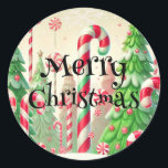 Candy Cane Winter Peppermint Forest Christmas  Classic Round Sticker<br><div class="desc">customize with any text.</div>