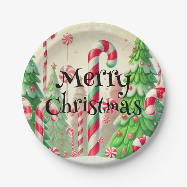 Candy Cane Winter Peppermint Forest Christmas  Paper Plates (Front)