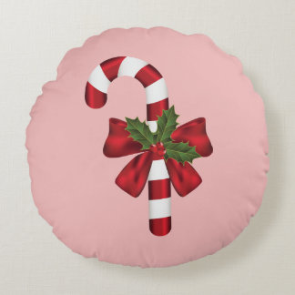 Candy Cane With A Bow And Christmas Holly On Pink Round Pillow