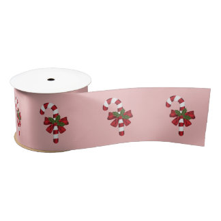 Candy Cane With A Bow And Christmas Holly On Pink Satin Ribbon