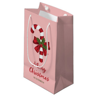 Candy Cane With A Bow And Christmas Holly On Pink Small Gift Bag