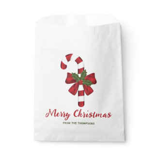 Candy Cane With A Bow And Christmas Holly &amp; Text Favor Bag