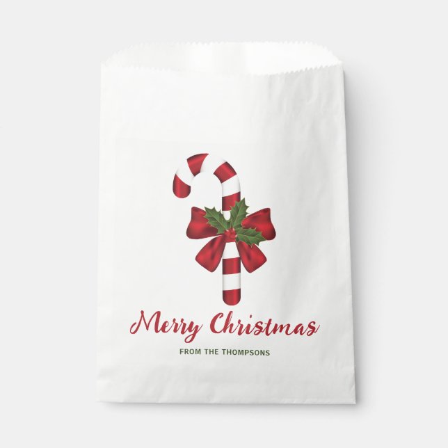 Candy Cane With A Bow And Christmas Holly & Text Favor Bag (Front)