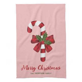 Candy Cane With A Bow And Christmas Holly &amp; Text Kitchen Towel