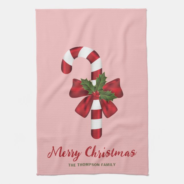 Candy Cane With A Bow And Christmas Holly & Text Kitchen Towel (Vertical)