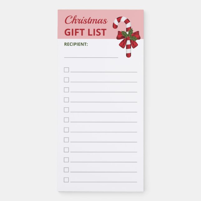 Candy Cane With A Bow - Christmas Gift List Magnetic Notepad (Front)