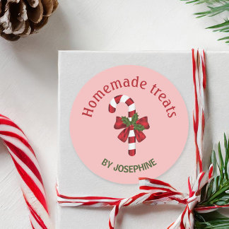 Candy Cane With A Bow On Pink - Homemade Treats Classic Round Sticker