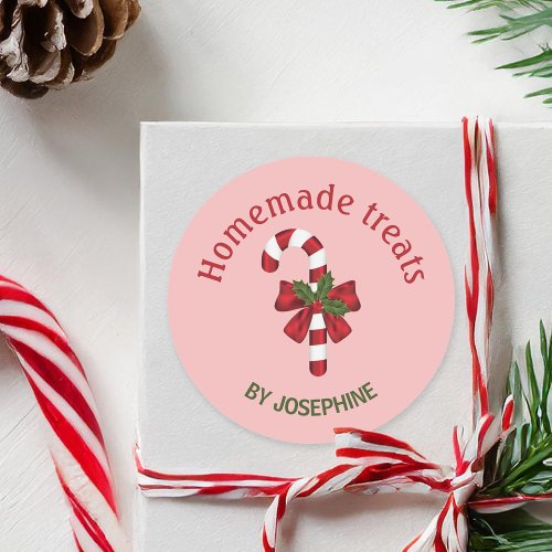 Candy Cane With A Bow On Pink _ Homemade Treats Classic Round Sticker