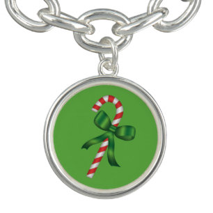 Candy Cane with Green Bow Christmas Holiday Bracelet