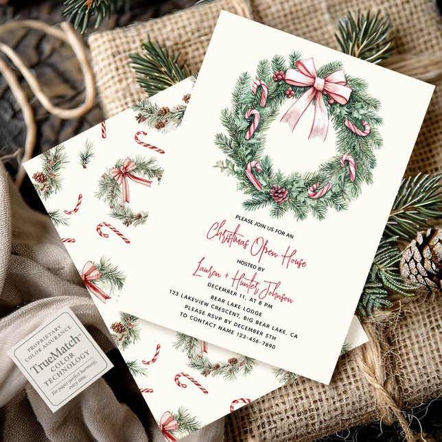 Candy Cane Wreath Christmas Open House Party Invitation (Creator Uploaded)
