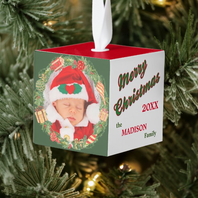 Candy Cane Wreath Photo Template Cube Ornament (Tree)
