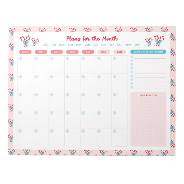Candy Canes and Bows Monthly To Do List Planner Notepad (Front)