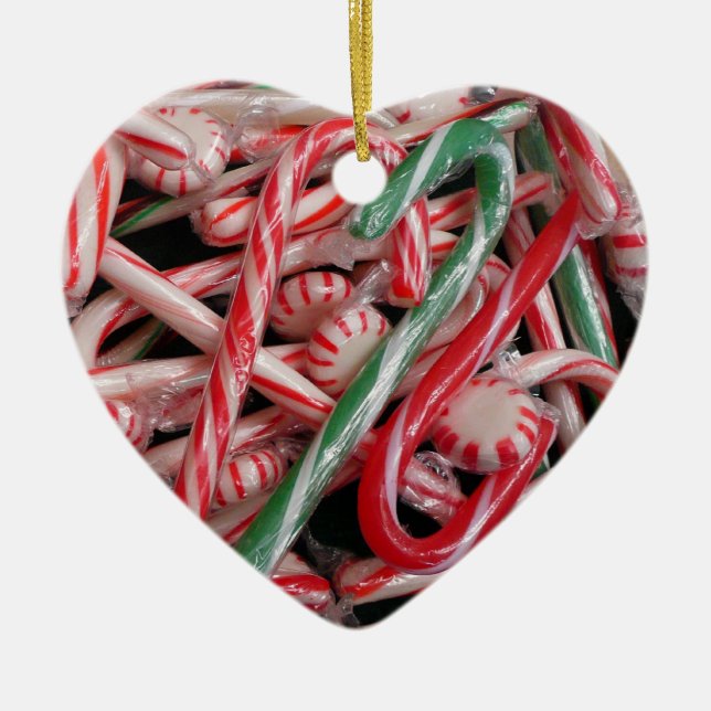 Candy Canes and Peppermints Christmas Holiday Ceramic Ornament (Front)
