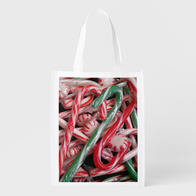 Candy Canes and Peppermints Christmas Holiday Grocery Bag (Front)