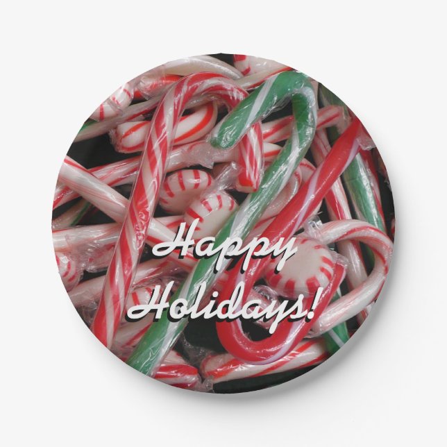 Candy Canes and Peppermints Christmas Holiday Paper Plates (Front)