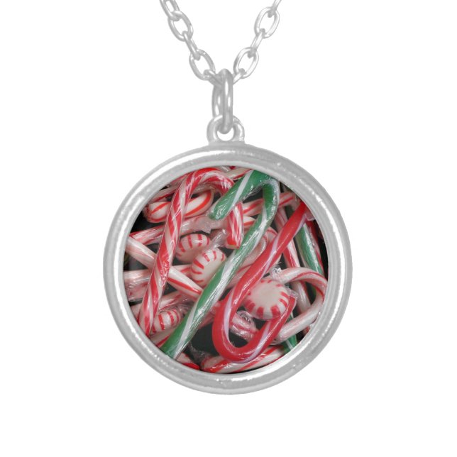 Candy Canes and Peppermints Christmas Holiday Silver Plated Necklace (Front)