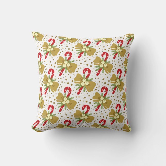 Candy Canes and Ribbons Christmas Patterned Throw Pillow (Front)