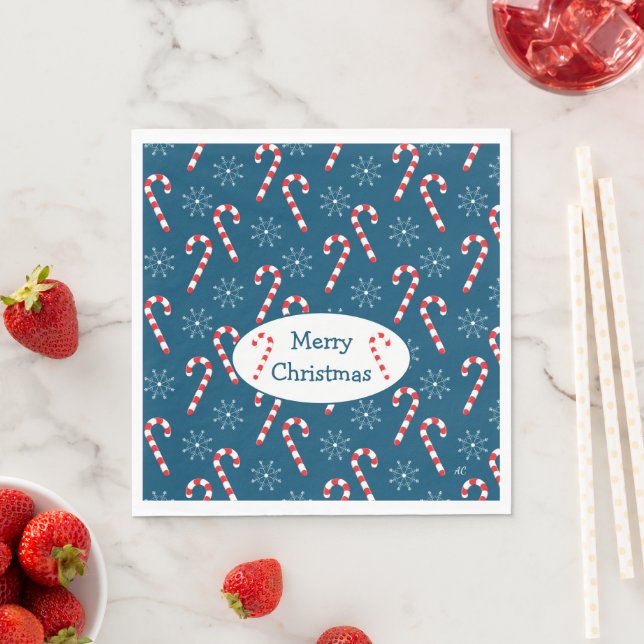 Candy Canes and Snowflakes Blue Christmas Napkins (Insitu)