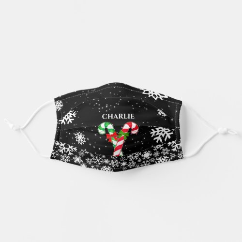 Candy Canes and Snowflakes with Your Name on BLACK Adult Cloth Face Mask