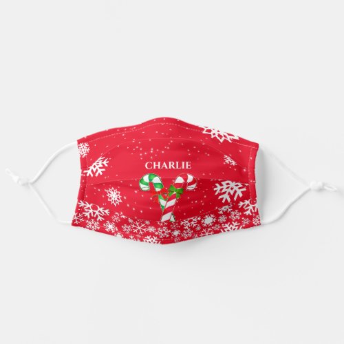 Candy Canes and Snowflakes with Your Name on RED Adult Cloth Face Mask