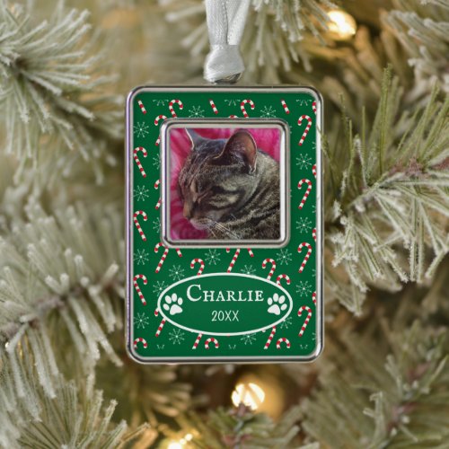 Candy Canes Cat Photo Green Framed Ornament