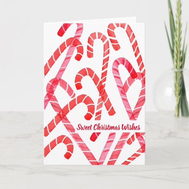 Candy Canes Christmas Holiday Watercolor Red Card (Front)