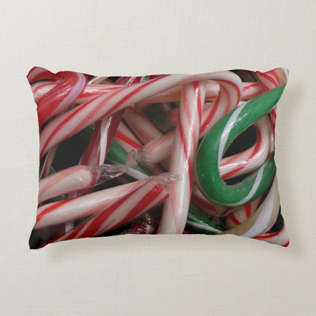 Candy Canes Christmas Holiday White Green and Red Accent Pillow (Front)