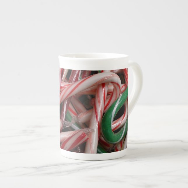 Candy Canes Christmas Holiday White Green and Red Bone China Mug (Front Right)