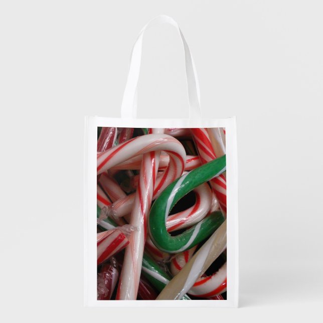 Candy Canes Christmas Holiday White Green and Red Grocery Bag (Front)