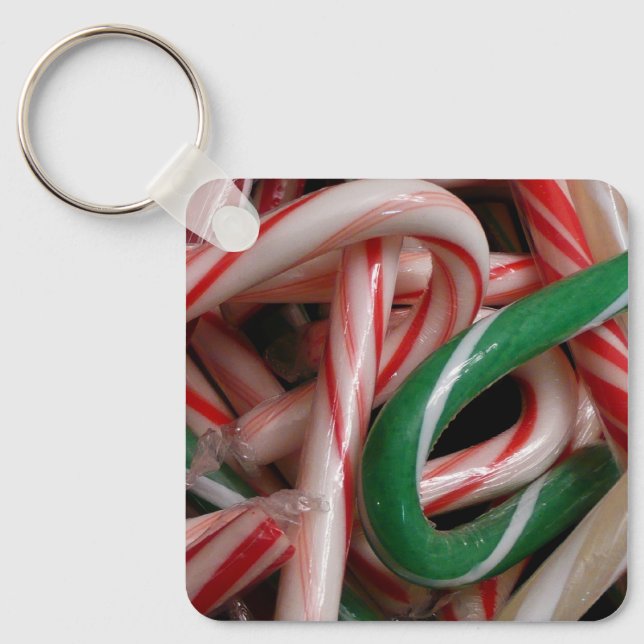 Candy Canes Christmas Holiday White Green and Red Keychain (Front)