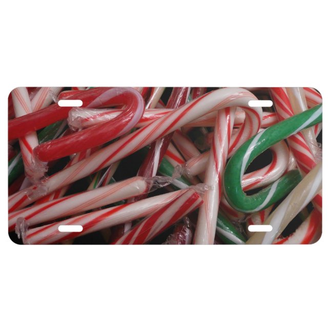 Candy Canes Christmas Holiday White Green and Red License Plate (Front)