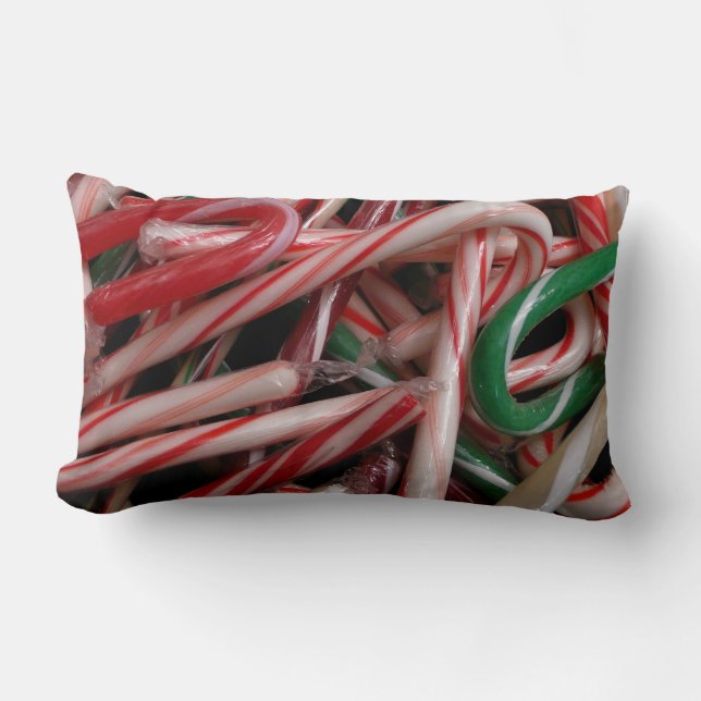 Candy Canes Christmas Holiday White Green and Red Lumbar Pillow (Front)