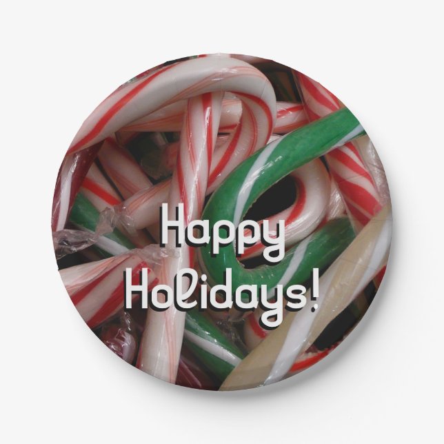 Candy Canes Christmas Holiday White Green and Red Paper Plates (Front)