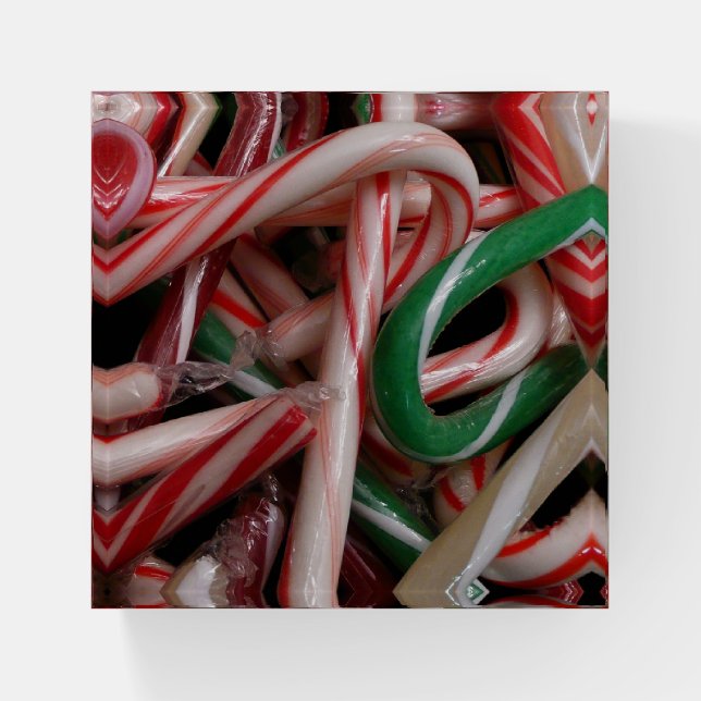 Candy Canes Christmas Holiday White Green and Red Paperweight (Front)