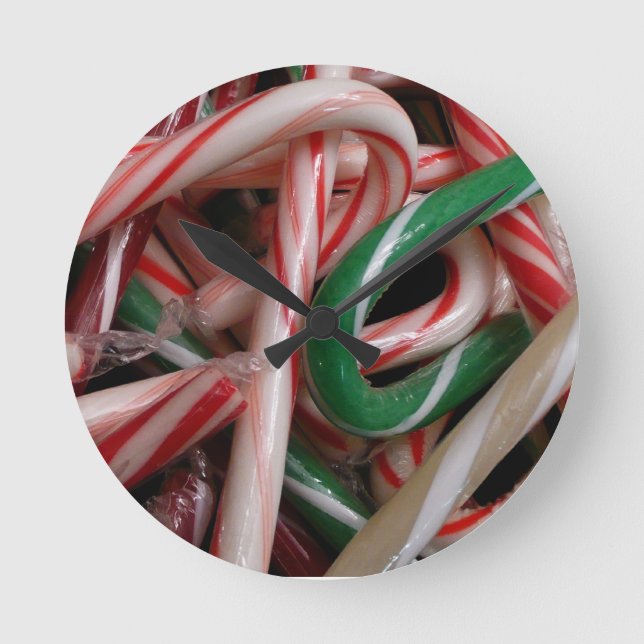 Candy Canes Christmas Holiday White Green and Red Round Clock (Front)