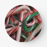 Candy Canes Christmas Holiday White Green and Red Round Clock