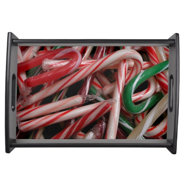 Candy Canes Christmas Holiday White Green and Red Serving Tray (Front)