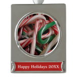 Candy Canes Christmas Holiday White Green and Red Silver Plated Banner Ornament