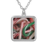 Candy Canes Christmas Holiday White Green and Red Silver Plated Necklace